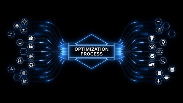 Abstract circular technology interface highlighting optimization process, automated system performance analytics, AI-driven insights, and digital transformation workflows.