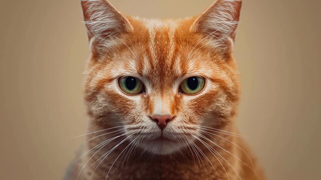 Split-faced cat with gray and orange fur gazes directly at the camera, showcasing distinct eye colors and fur patterns in a neutral background setting