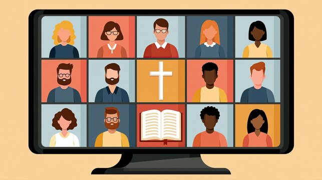 Virtual Bible Study or Online Prayer Group on Video Call, Diverse Christian Community on Computer Screen Illustration