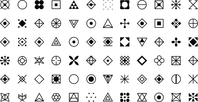 Abstract geometric shapes and symbols vector mega set with monochrome minimalist icons glyphs and runes for graphic design elements