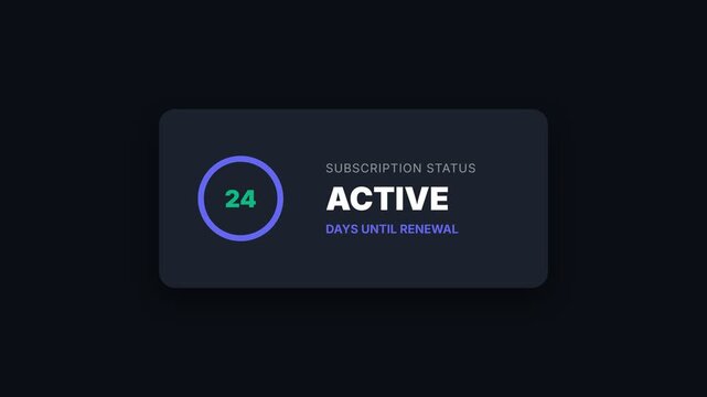 Animated subscription status, dynamic countdown timer with active status and days until renewal, seamless loop, symbolizing time management and subscription tracking