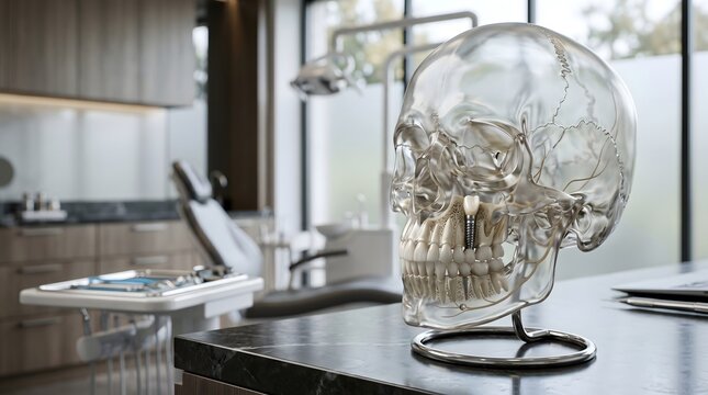 Transparent Human Skull Model Showing Dental Implant Placement