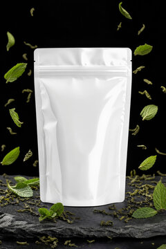 White Blank Pouch Package Mockup on Stone Plate with Floating Green Mint Leaves over Black Background