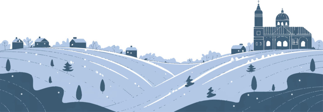 Winter landscape with snow-covered hills, small houses, trees, and a distant church on transparent background.
