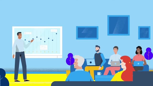 2D Animation of a Business Presentation inside a Corporate Seminar Meeting Room, Team Training Concept