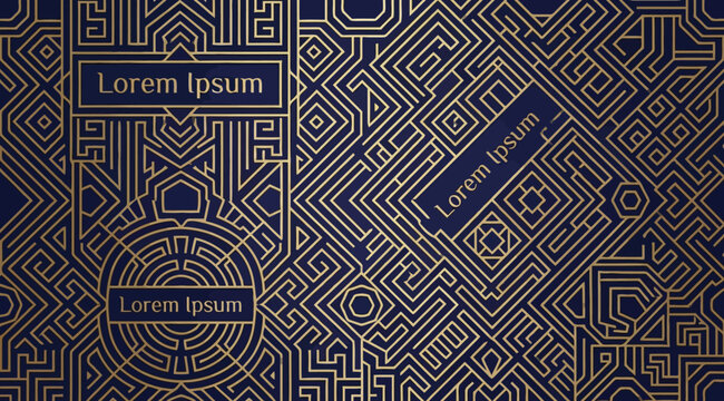 Art deco seamless pattern with golden geometric lines on dark blue background, luxury vintage wallpaper, elegant vector illustration