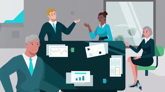 Animated Business Executives Reviewing Reports at a Corporate Boardroom Table, Financial Management Concept