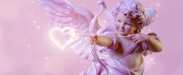 Naklejka premium In a dreamy romantic setting, a pastel cherub shoots a luminous heart arrow amid gentle sparkles.