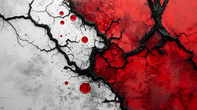 Cracked Heart Abstract: A dramatic abstract artwork depicting a fractured surface with cracks, splatters of red, and dark textured lines, evoking a sense of pain, division, or intense emotion.