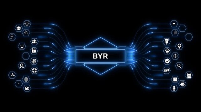 BYR module concept digital network dashboard with futuristic neon HUD interface, enterprise system visualization, data analytics, and technology control panel.