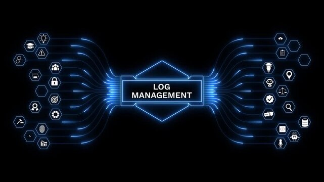 Log management concept digital network dashboard with system monitoring interface, data logging analytics, cybersecurity tracking, and IT infrastructure observability tools.