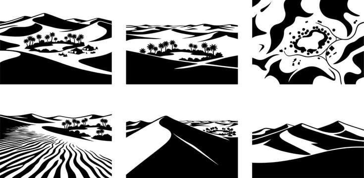 Desert oasis and palm tree silhouette set depicting water pools among sand dunes