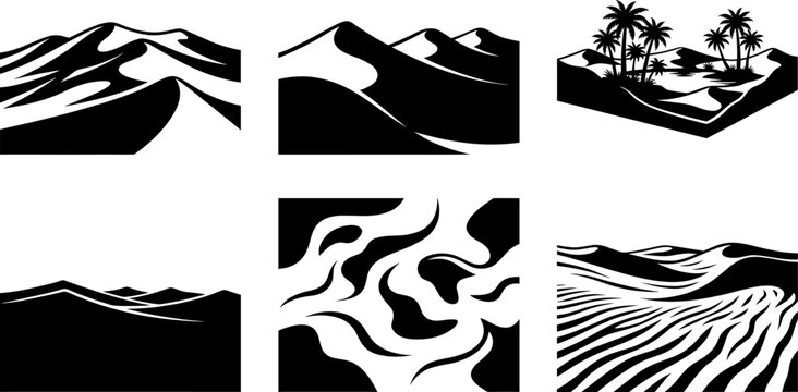 Desert sand dune and palm tree oasis silhouette vector graphic bundle