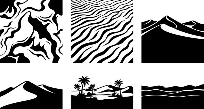 Desert sand dune vector bundle showcasing arid hills and tropical oasis palm trees