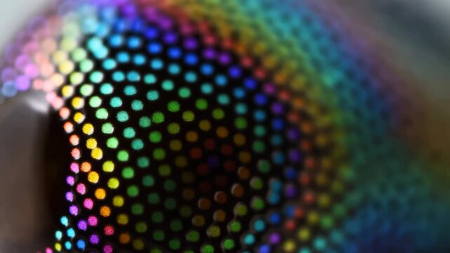 Shifting iridescent highlights across curved perforated mesh surface with repeating circular holes, creating abstract rainbow texture, glossy reflections, diagonal movement, modern geometric detail