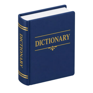 A Dark Blue Hardback Dictionary Book with Gold Lettering Displayed at an Angle