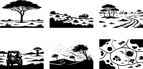 Obraz premium Graphic pack of safari landscapes and offroad vehicles showing windy acacia trees and wildlife