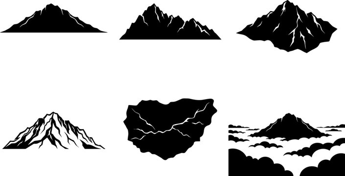 Graphic collection of isolated mountain peaks and volcanic islands showing high altitude cloud formations