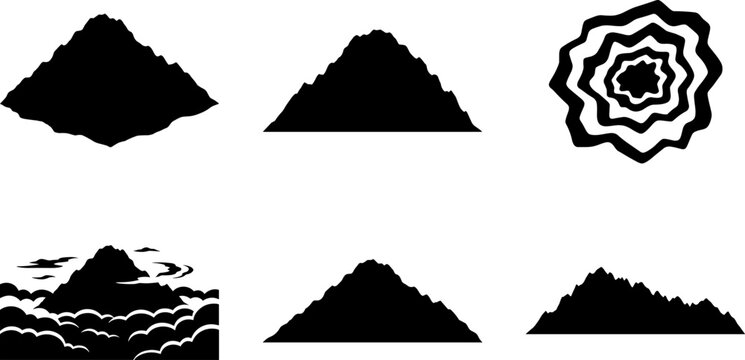 Graphic set of mountain peaks and volcanic craters displaying high altitude cloud layers