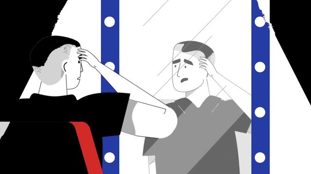 Animated Barber Adjusting a Man's Beard in Front of a Lit Studio Mirror, Male Grooming Salon Concept
