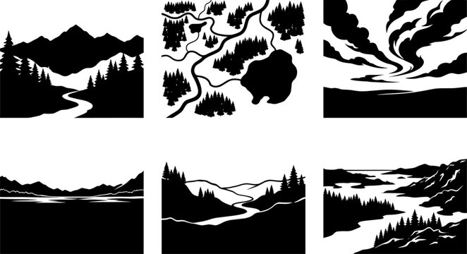 Mountain forest and winding river silhouette set featuring pine tree landscapes pack