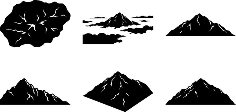Mountain peak silhouette pack featuring high ridges and cloud formations for web asset
