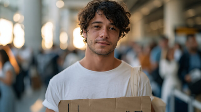 A Brazilian immigrant man stands at an airport arrivals gate holding a handwritten sign for a newly arrived relative, a mix of hope and exhaustion on his face under bright terminal lighting, the arr