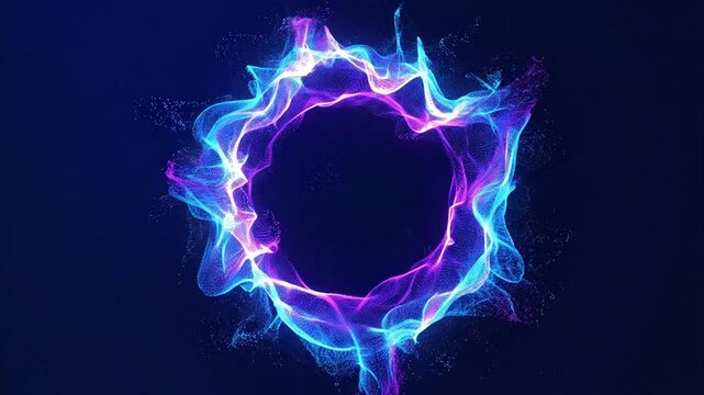 A glowing circular ring of vibrant blue and purple light particles