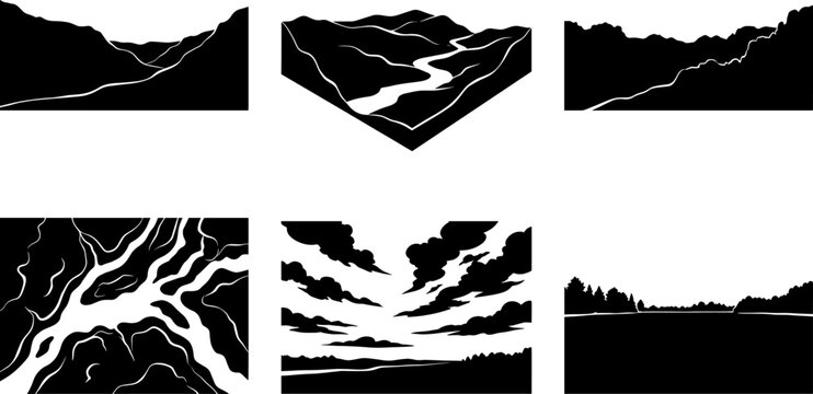 River valley and cloudy sky landscape silhouette vector graphic collection pack
