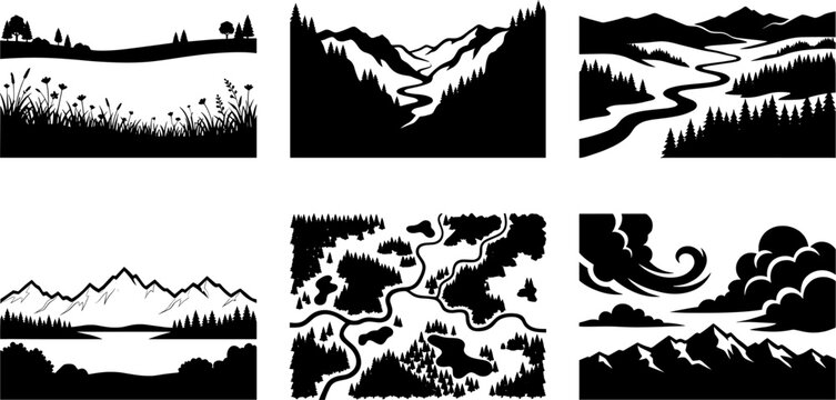 Scenic mountain valley set featuring winding rivers and pine forest silhouettes for banner