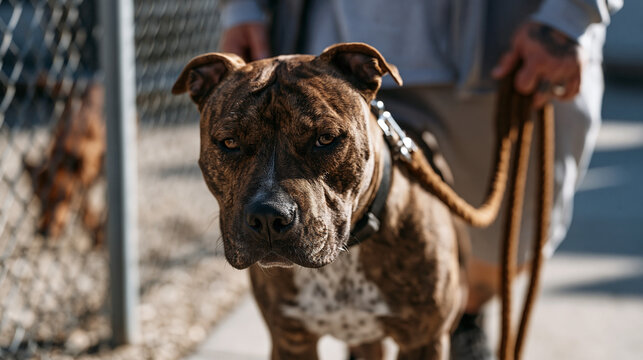 Dog trainer uses a treat pouch and a loose leash to redirect a reactive pit bull mix away from a chain-link fence where a neighbor's dog is visible, the harsh midday sun casting strong shadows acros