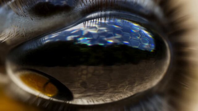 Extreme macro view of insect compound eye with glossy hexagonal facets, iridescent reflections, fine setae, organic texture, shallow depth, striking scientific detail