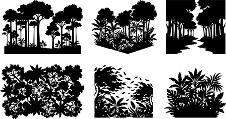 Fototapeta premium Tropical rainforest and river landscape silhouette collection for exotic branding assets