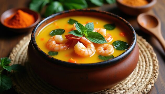 Brazilian tacaca soup with shrimp and jambu leaves in rustic bowl. Orange spice powder nearby. Warming seafood broth served with wooden spoon.
