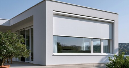 Fototapeta premium Modern house facade with large glass windows protected by exterior roller shutters, highlighting stylish design and clean lines.
