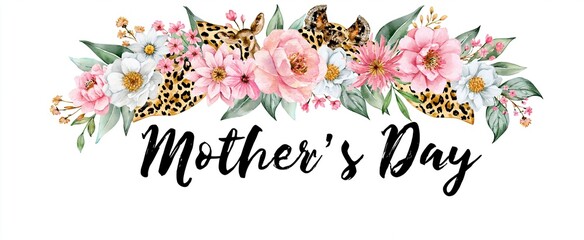 Fototapeta premium Festive spring scene featuring a cheerful woman in a floral crown and boho animal print celebrating Mother’s Day.