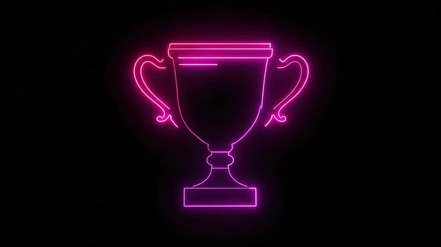A glowing pink neon trophy icon on a dark black background
