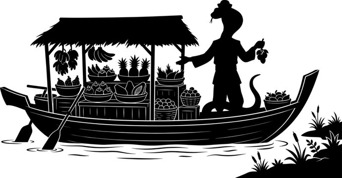 Anthropomorphic cobra vendor selling tropical fruits from a traditional floating market boat