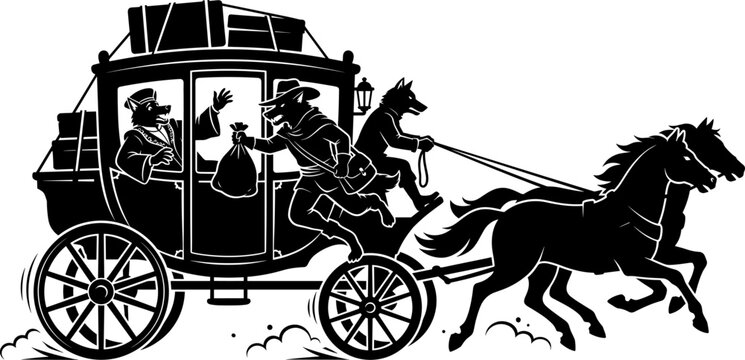 Anthropomorphic wolf bandits robbing a horse-drawn stagecoach on a wild west road silhouette