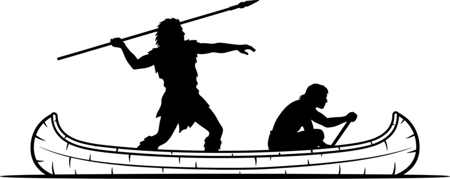 Indigenous hunters navigating a traditional canoe while one prepares to throw a spear