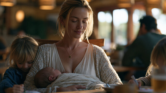 Mother in a rocking chair nursing a newborn in the corner of a busy family restaurant, older child beside her coloring, confident posture, public breastfeeding, family meal outing, urban dining sett