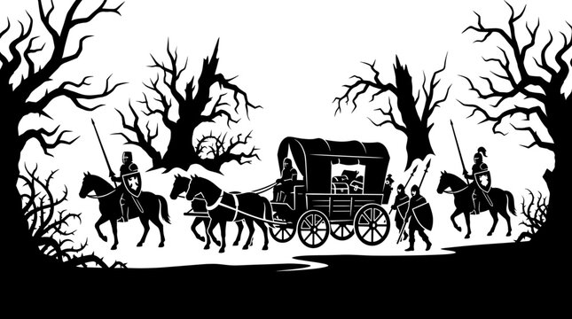 Knight escort guards horse drawn covered wagon through spooky dead tree forest trail