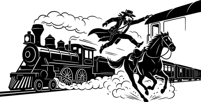 Masked wild west outlaw jumping from a galloping horse onto moving train