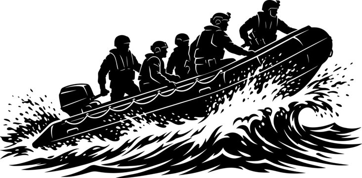 Military special forces team riding in an inflatable speed boat through rough waves