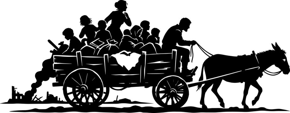 Silhouette of a family fleeing a ruined town in a donkey-drawn wooden cart