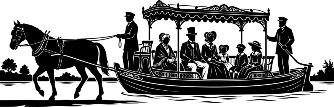 Silhouette of a horse towing a victorian passenger canal boat along a waterway