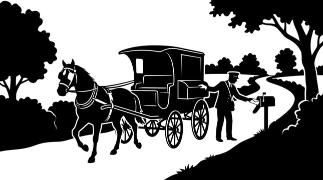 Silhouette of a mailman delivering a letter from a horse-drawn mail carriage