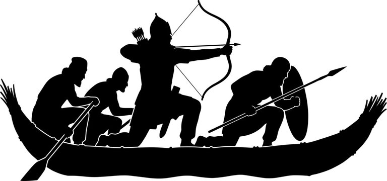 Silhouette of ancient warriors with bow and spear navigating in a reed boat