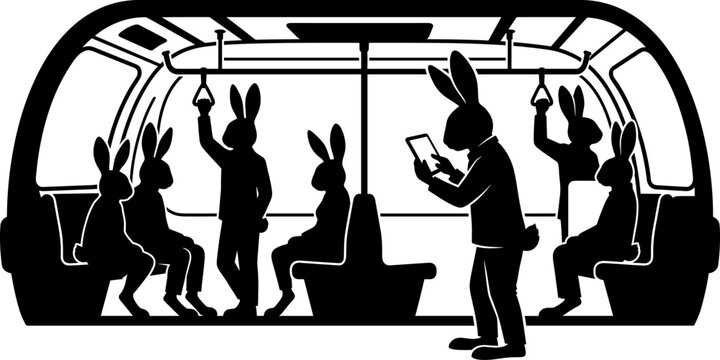 Silhouette of anthropomorphic rabbits riding and standing inside a modern subway train car