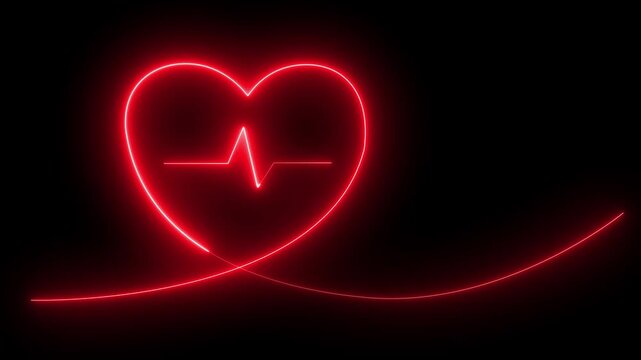 Red color neon  love hearts concepts. Valentine's Day indicate. Love One line drawing concept. love card icon. Bright glowing neon valentines love heart symbol animation with inside heartbeat, pulse 